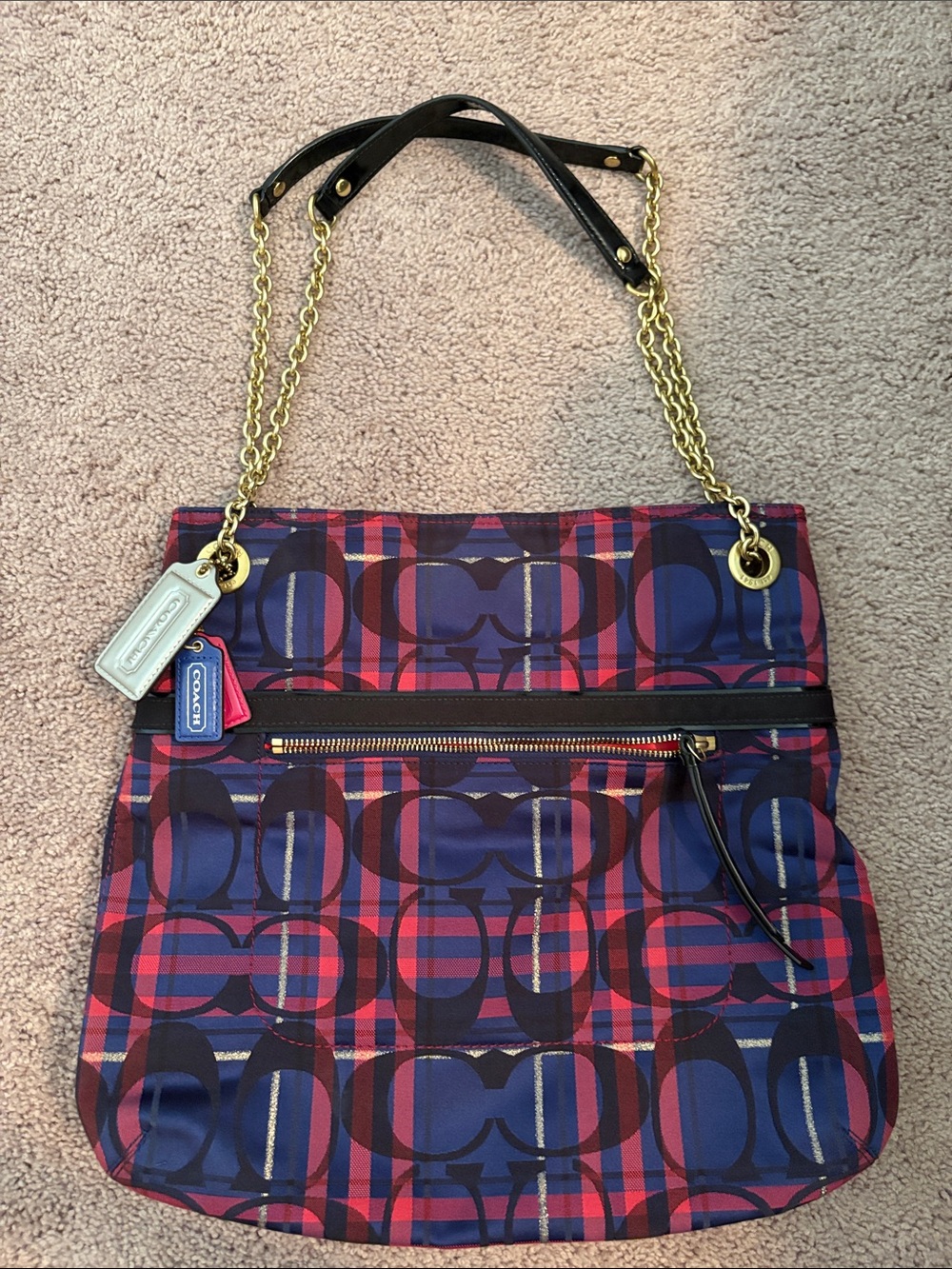 Coach Poppy Tartan Navy and Pink Plaid Signature Chain Slim Tote